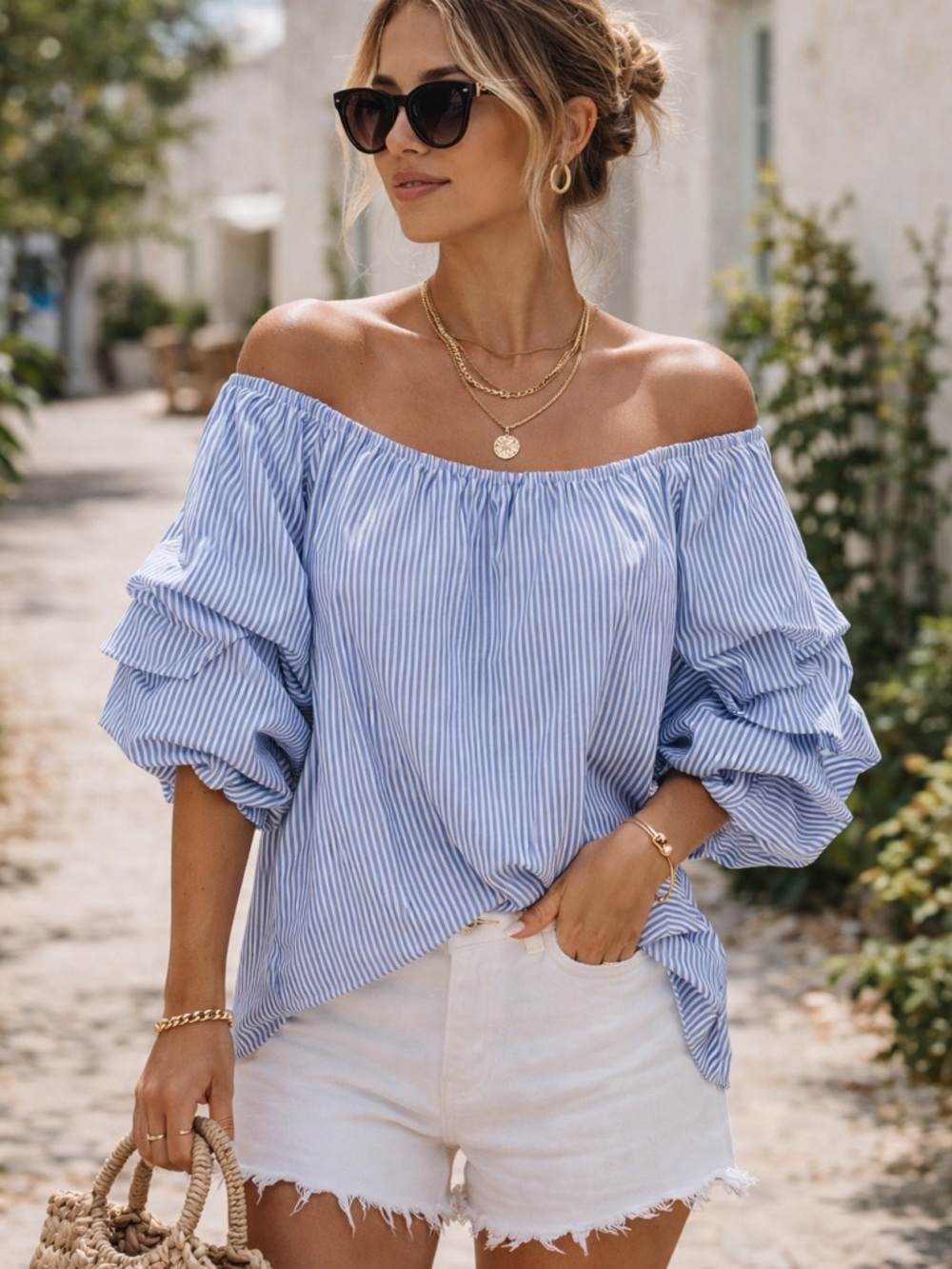 Urbanology Striped Off-Shoulder Ruffle Sleeve Blouse in Light Blue XL brand new